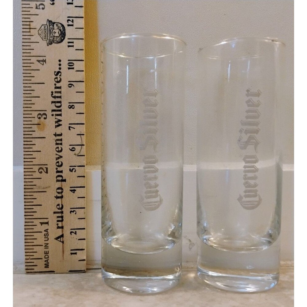 Pair of Jose Cuervo Silver Tequila Tall Shooter Shot Glasses 4 Inch Heavy Base